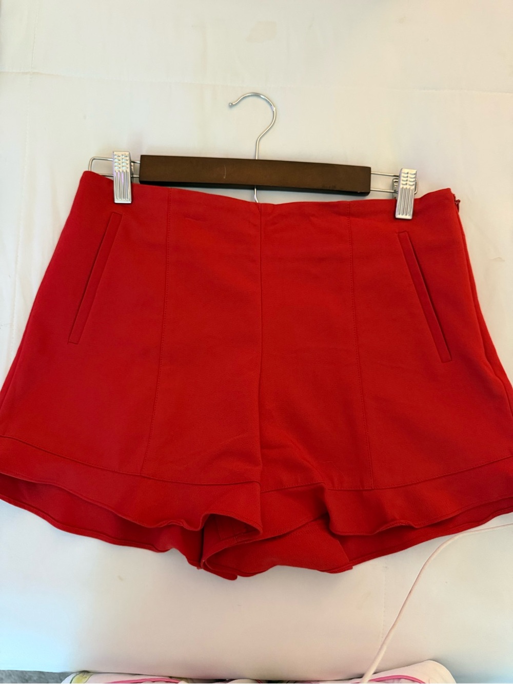 1. STATE-Like New-Red Women's Ruffle Hem Shorts